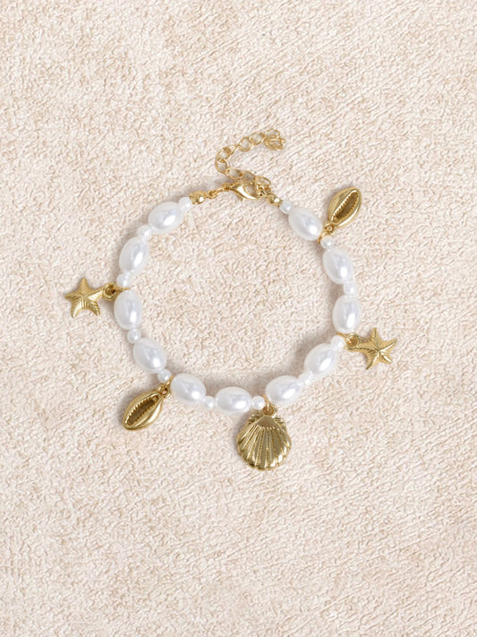 Gold Pearl Shell Conch Starfish Pendant Bracelet