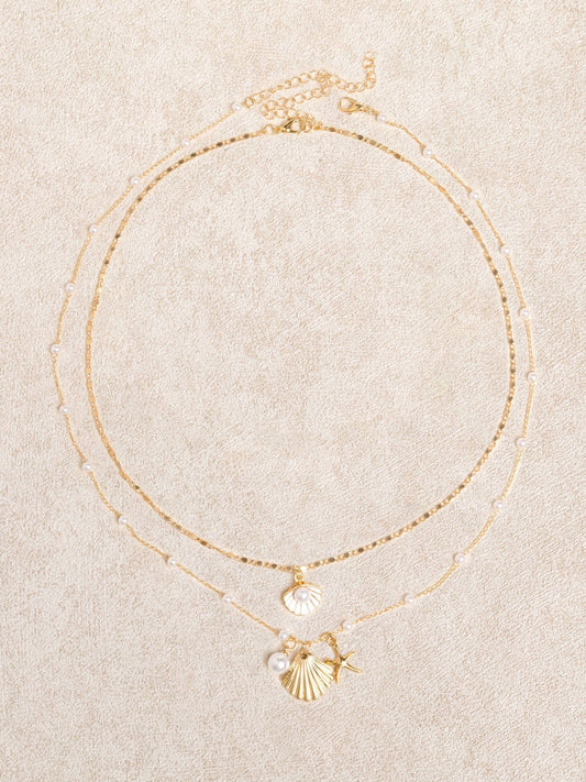 Gold Pearl Starfish Shell Necklace