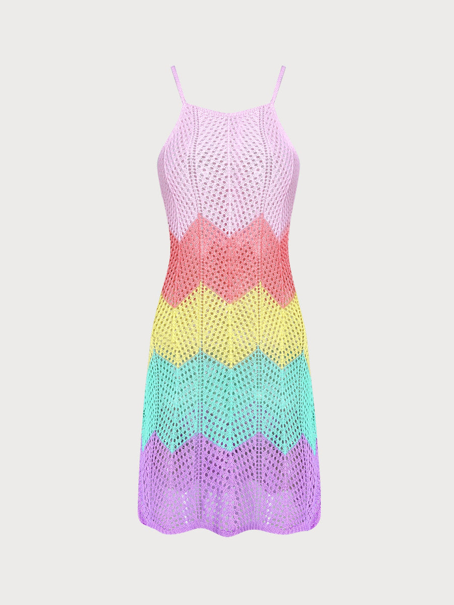 Rainbow Stripes Crochet Hollow-Out Long Skirt