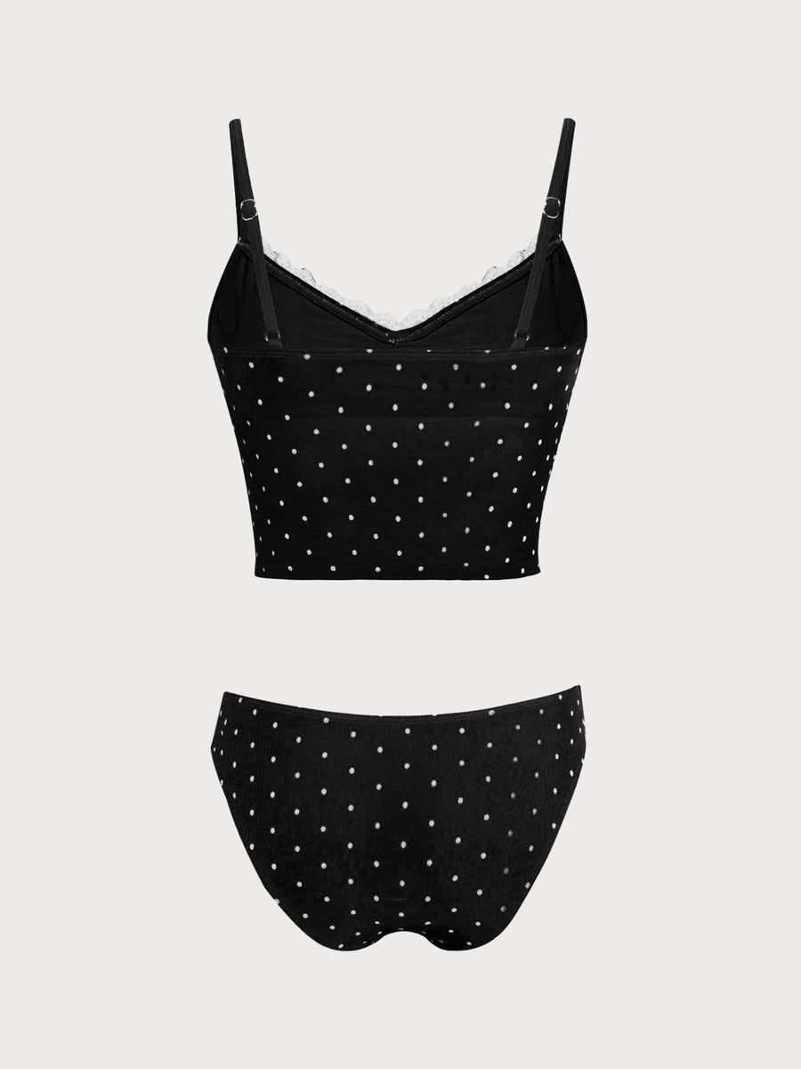 Black Contrast Polka Dot Mesh Tankini Set