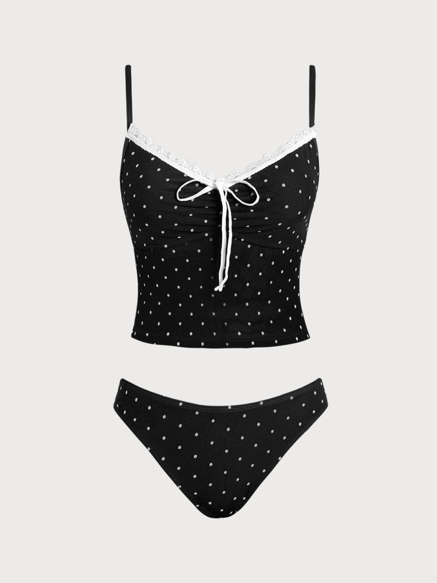 Black Contrast Polka Dot Mesh Tankini Set