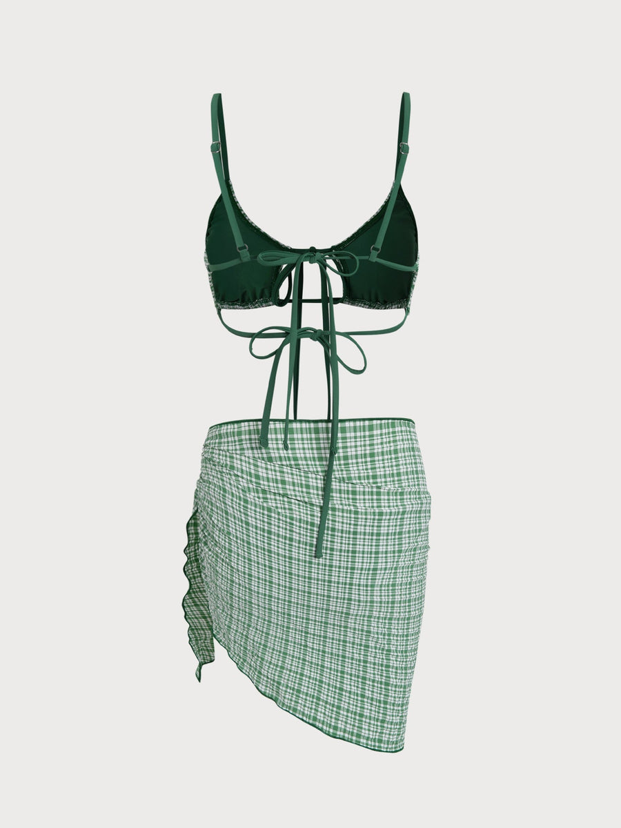Green Plaid Tie-Front Bikini Three-Piece Set