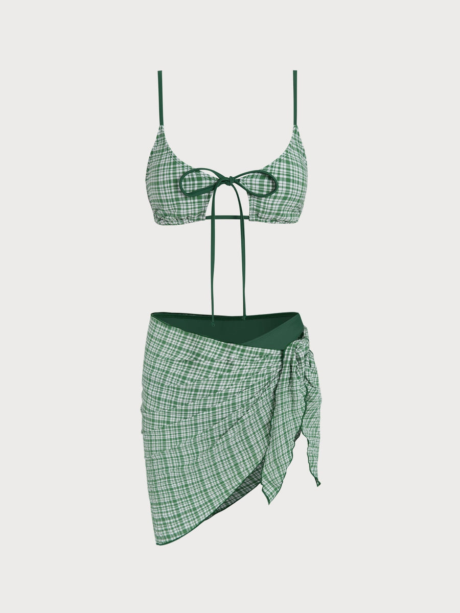 Green Plaid Tie-Front Bikini Three-Piece Set