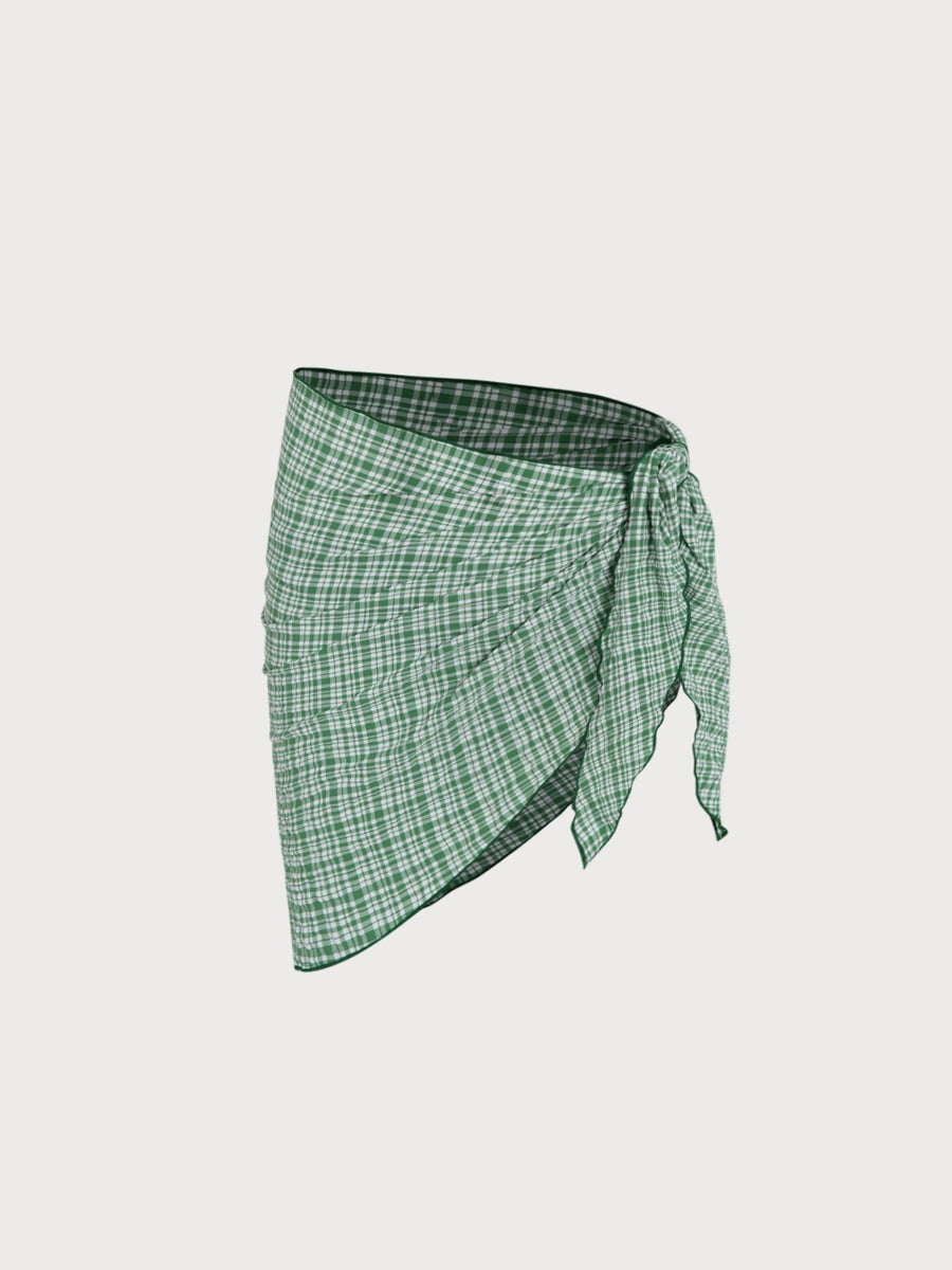 Green Plaid Tie-Front Bikini Three-Piece Set