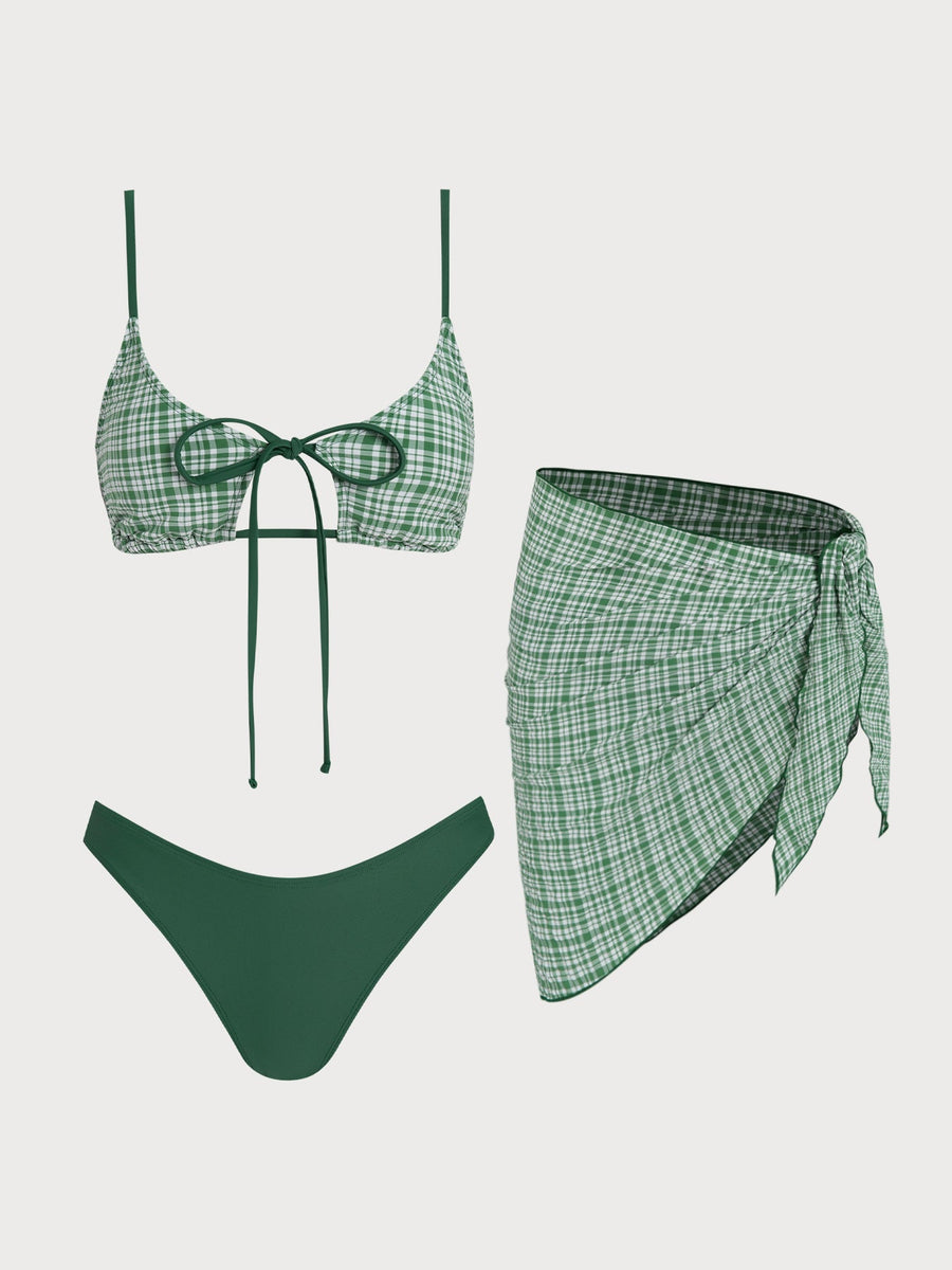 Green Plaid Tie-Front Bikini Three-Piece Set
