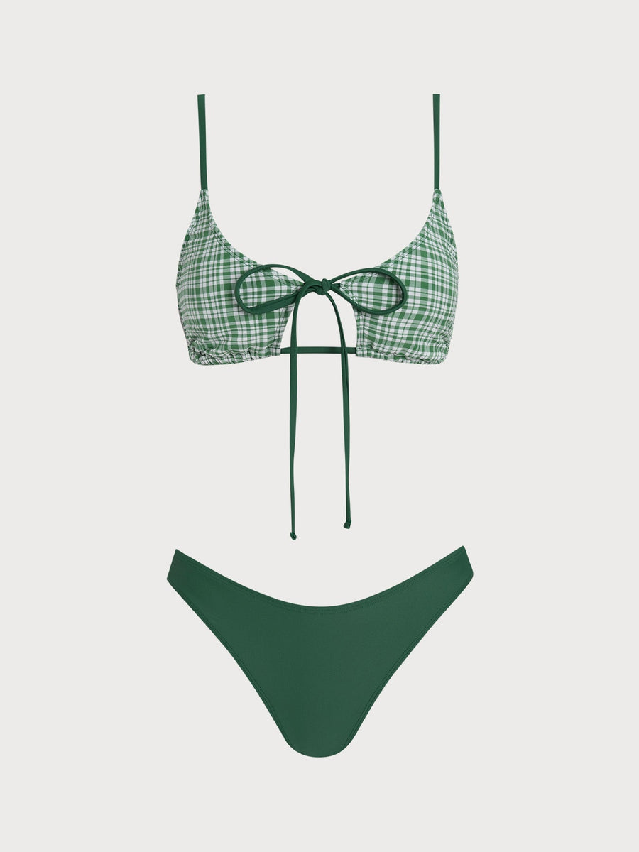 Green Plaid Tie-Front Bikini Three-Piece Set