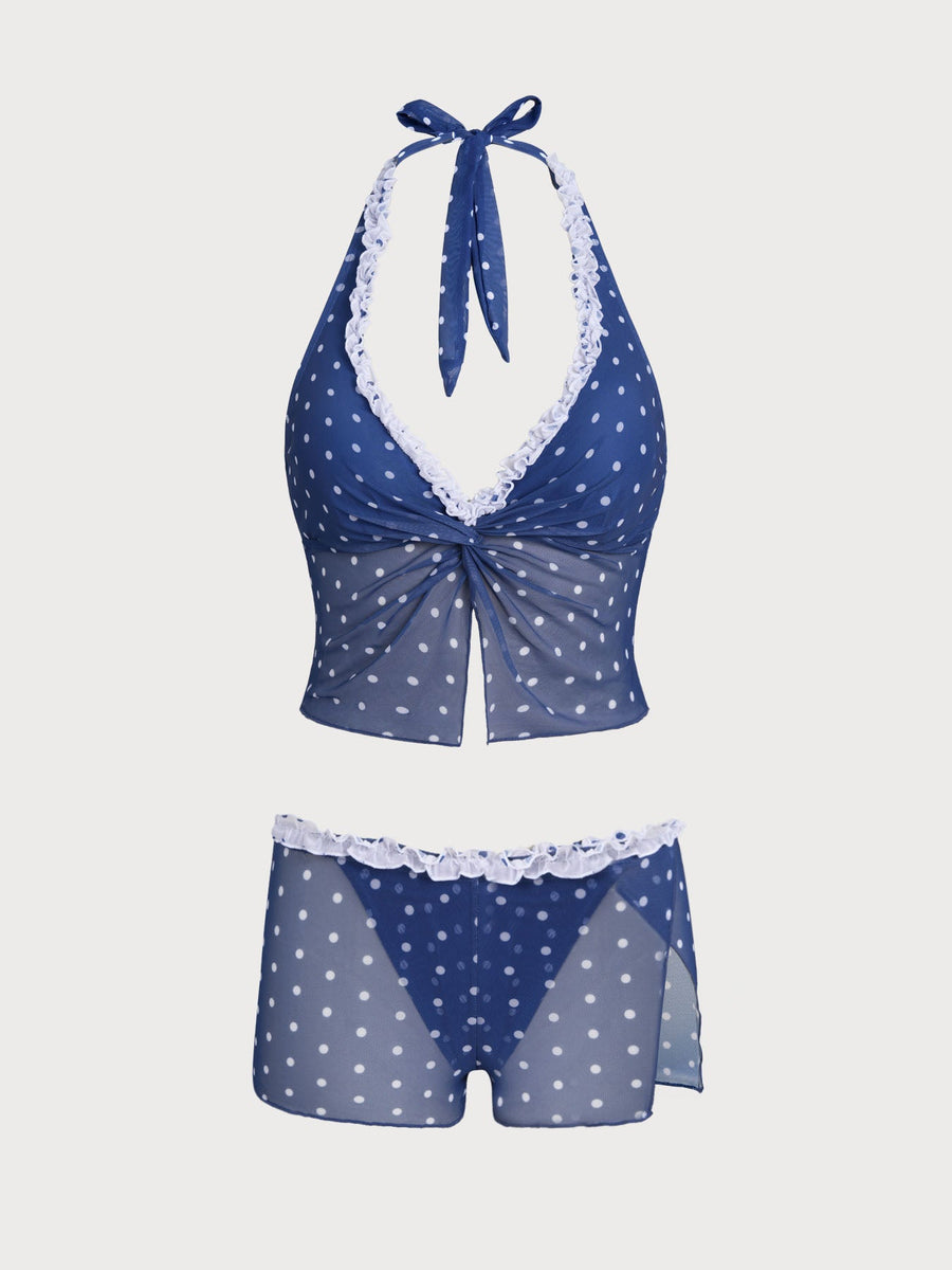 Blue Contrast Polka Dot Print Tankini Three-Piece Set