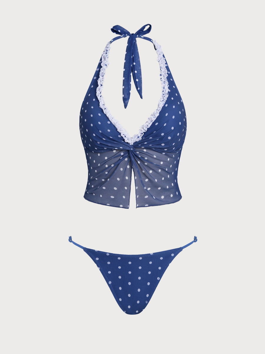 Blue Contrast Polka Dot Print Tankini Three-Piece Set