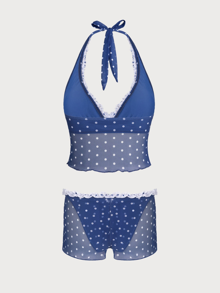 Blue Contrast Polka Dot Print Tankini Three-Piece Set