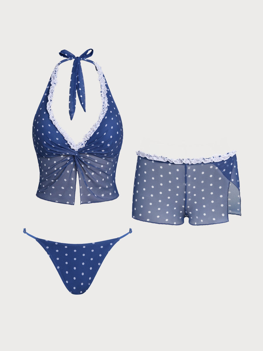 Blue Contrast Polka Dot Print Tankini Three-Piece Set