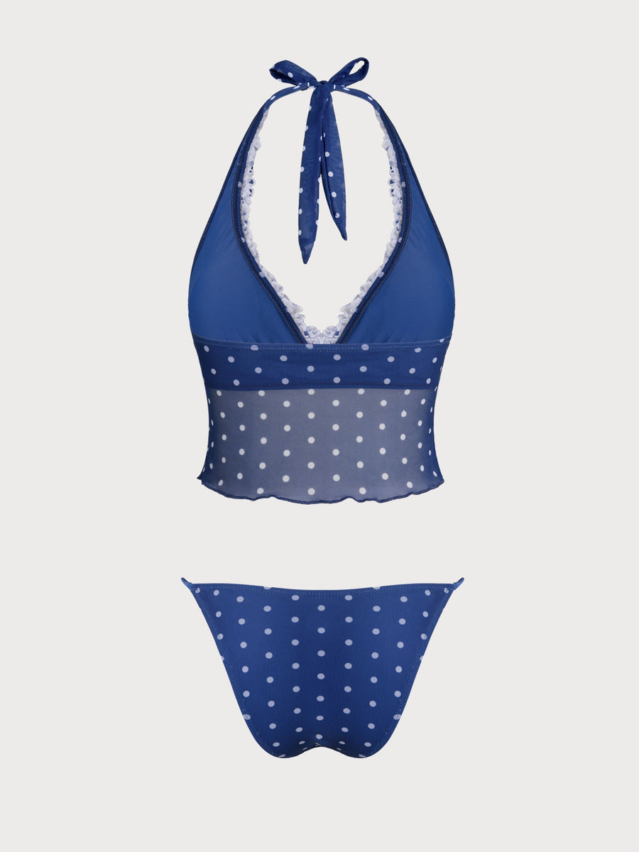 Blue Contrast Polka Dot Print Tankini Three-Piece Set