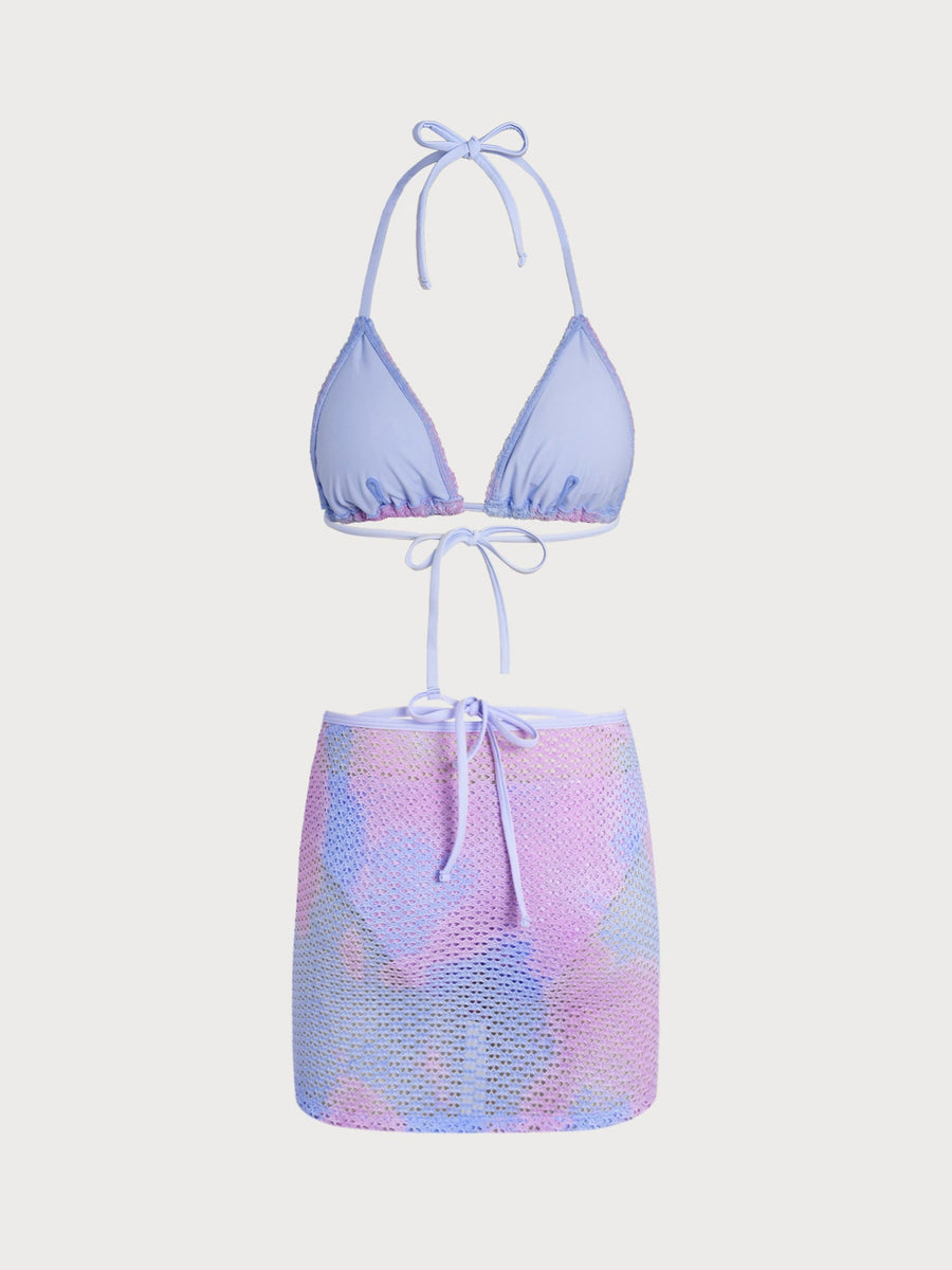 Blue Tie-dye Bikini Three-Piece Set