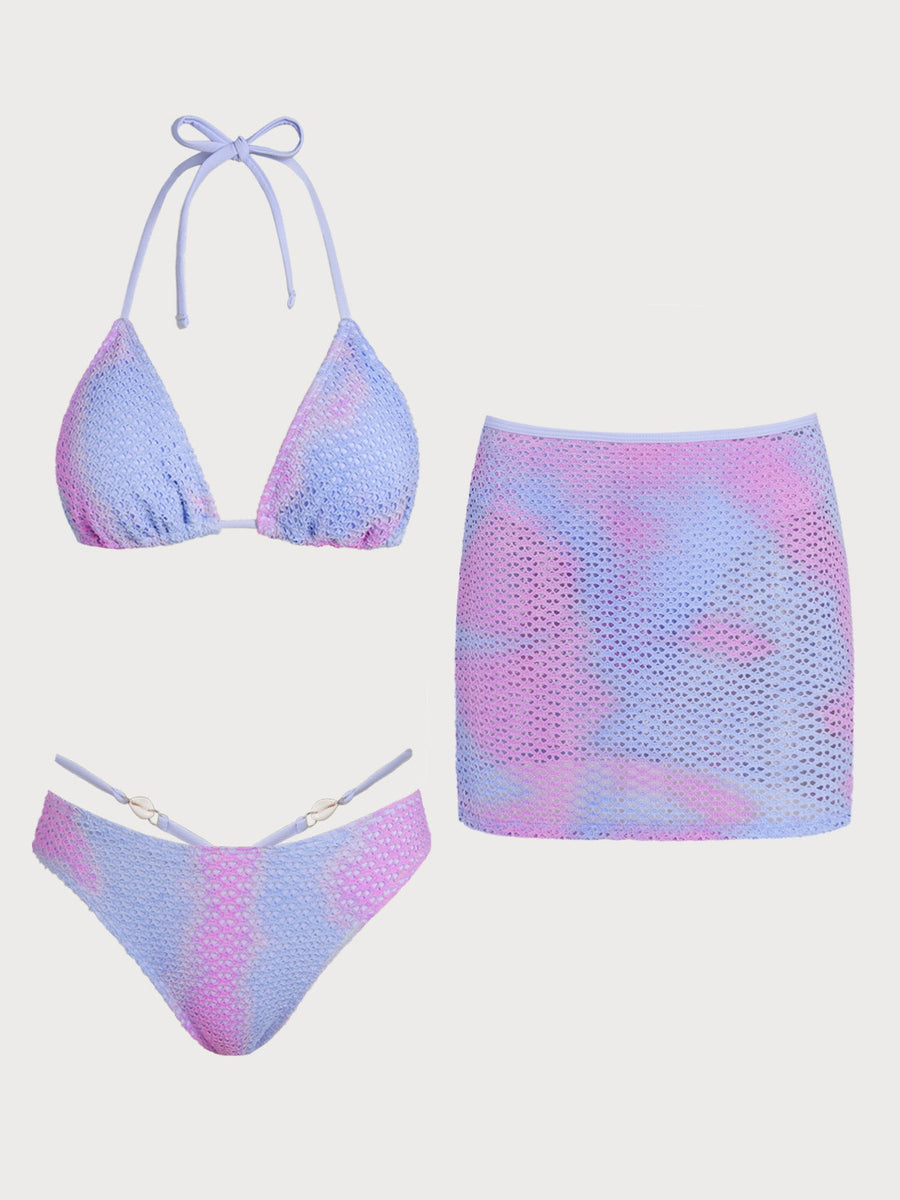 Blue Tie-dye Bikini Three-Piece Set
